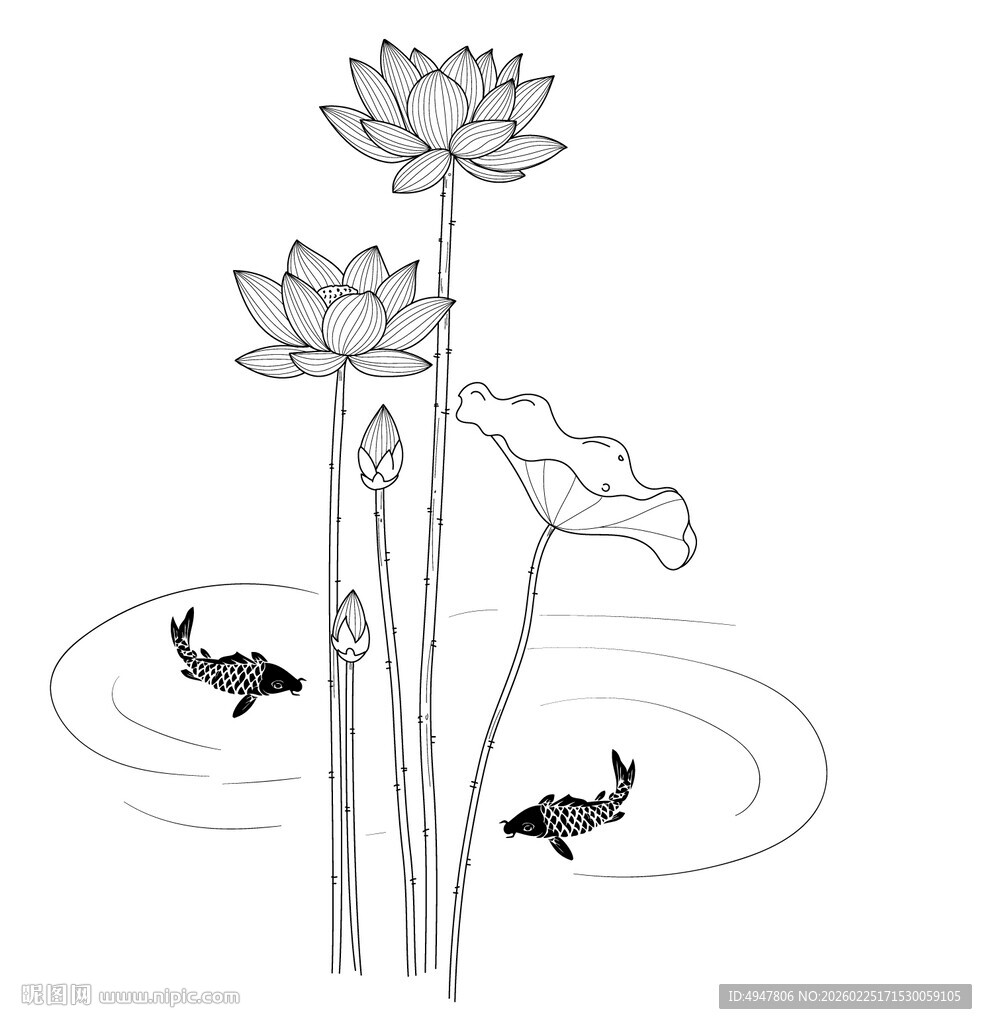 水墨荷花游鱼图 矢量图