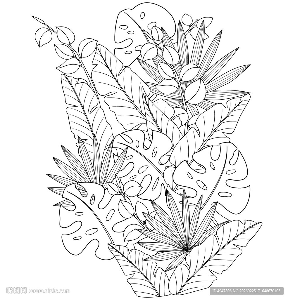 手绘热带植物花卉图案 矢量图 