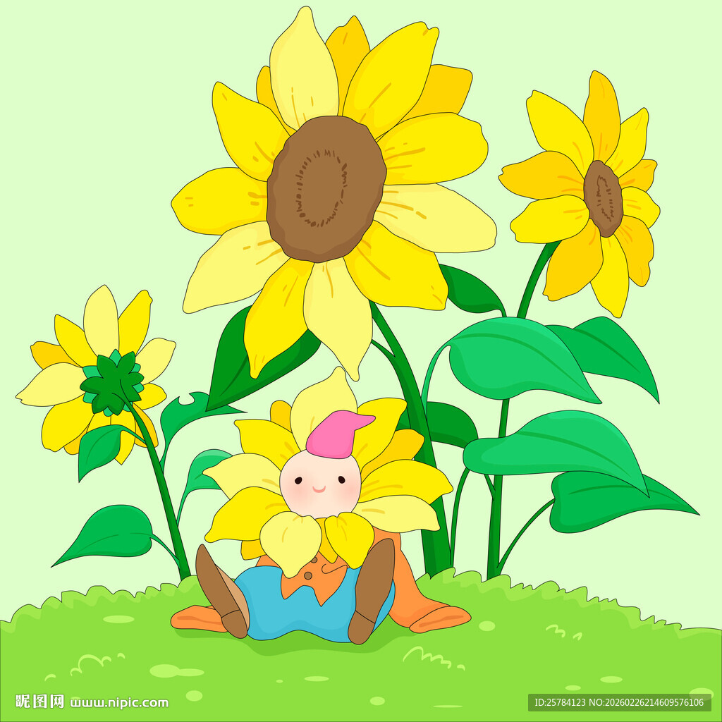 春天向日葵小精灵生机勃勃插画