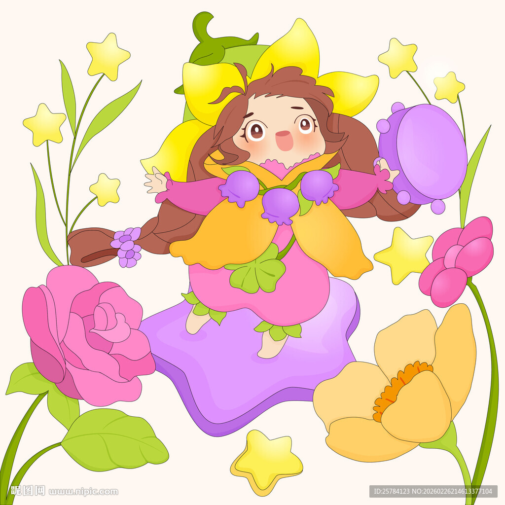 春天花朵花丛小精灵开心玩耍插画