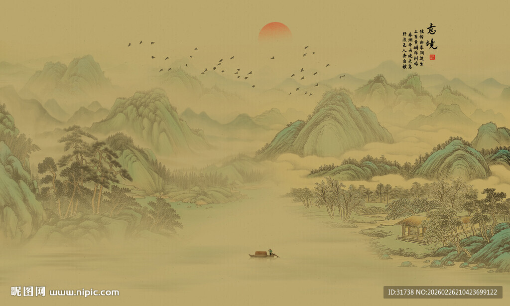 中国风江山如画背景壁画