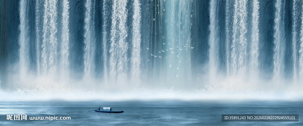 招财瀑布山水画