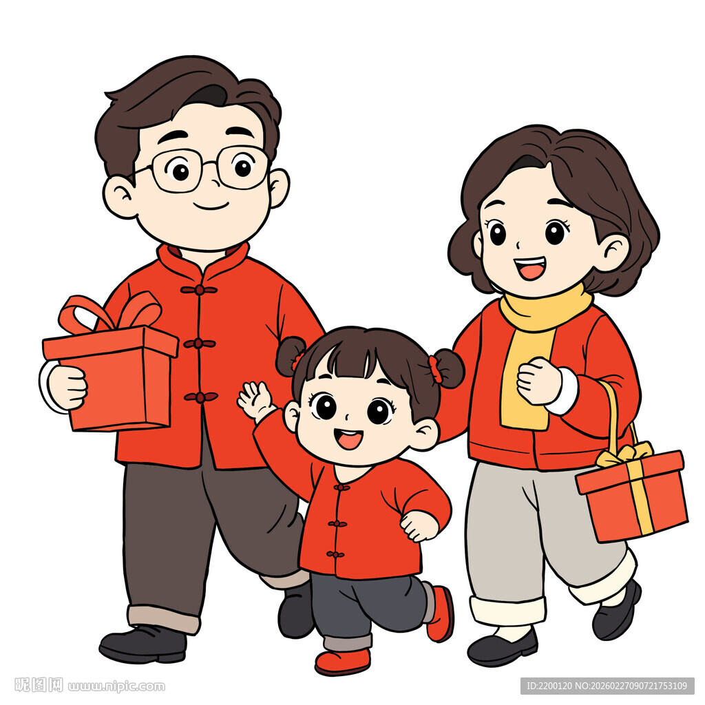 一家四口喜庆过年