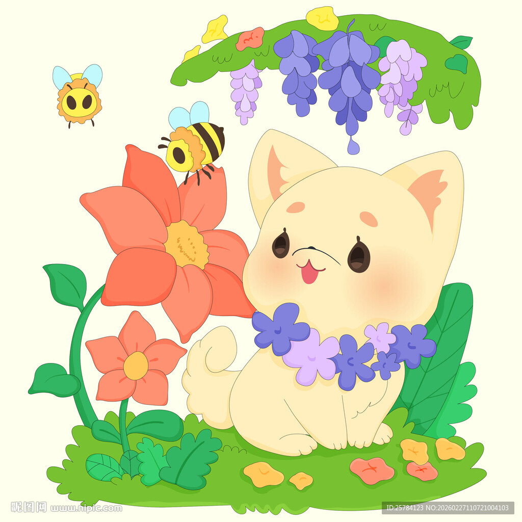 春天花园紫藤花小蜜蜂小精灵插画