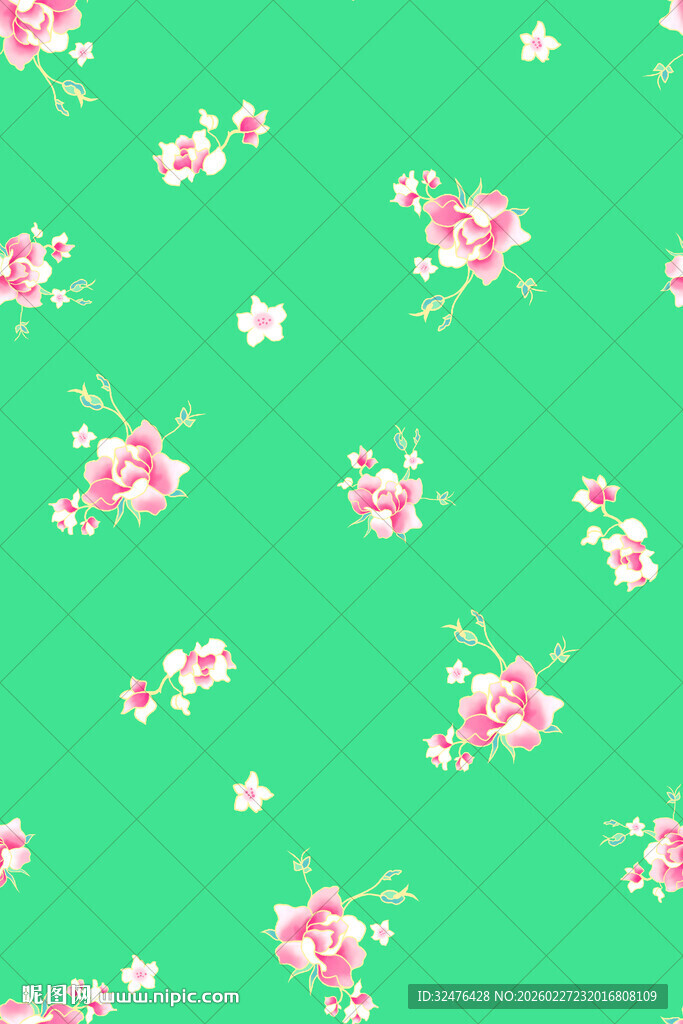 绿色底粉色小花图案背景