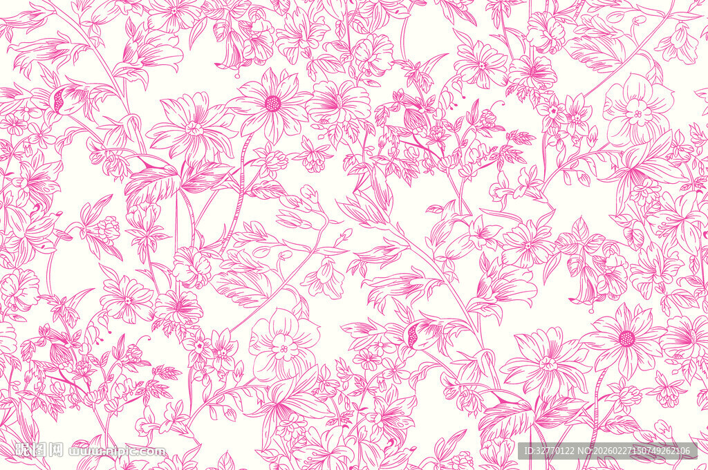 手绘花线条花数码印花