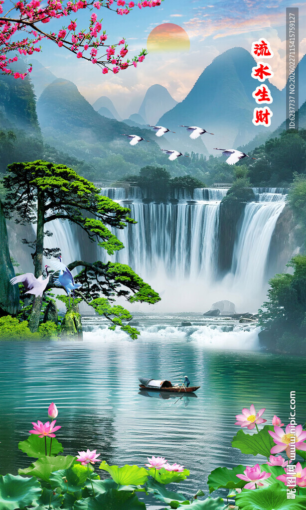 山水瀑布玄关背景墙