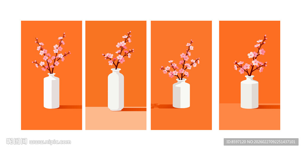 陶瓷花瓶中插着粉色樱花枝条插画