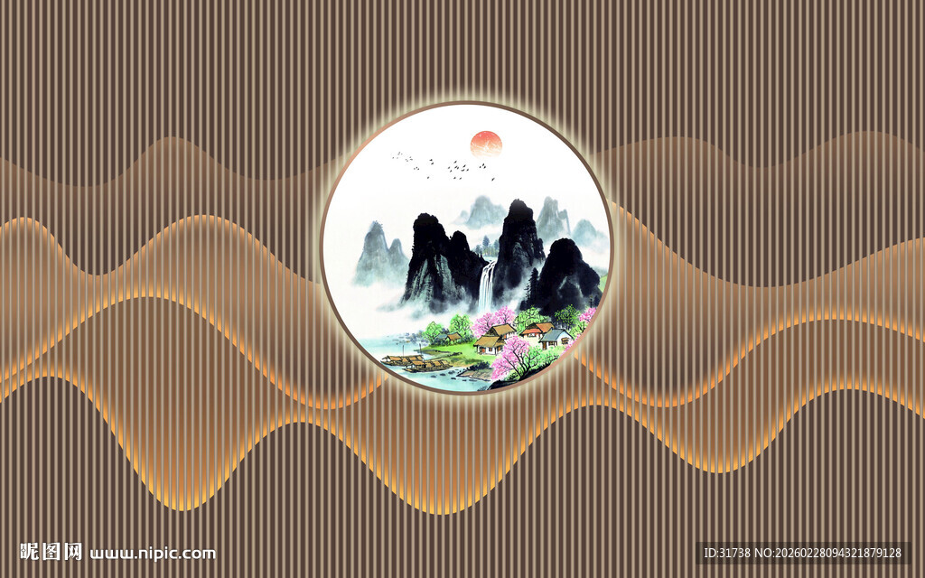 新中式格栅山水背景墙