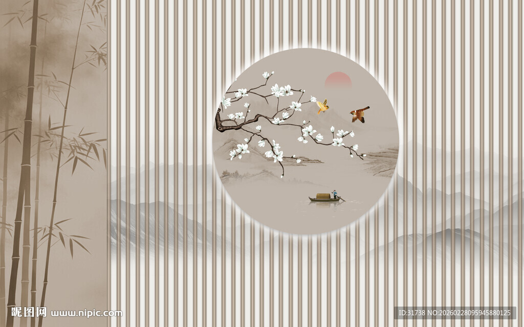 新中式格栅山水花鸟画背景墙