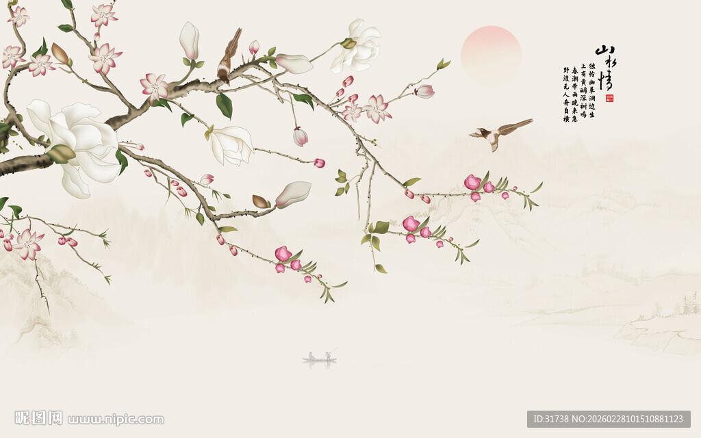 新中式国画山水情花鸟画背景墙