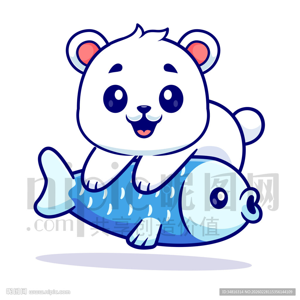 可爱卡通趴在鱼上的狗熊