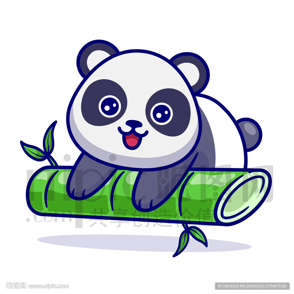 可爱卡通趴在竹子上的大熊猫