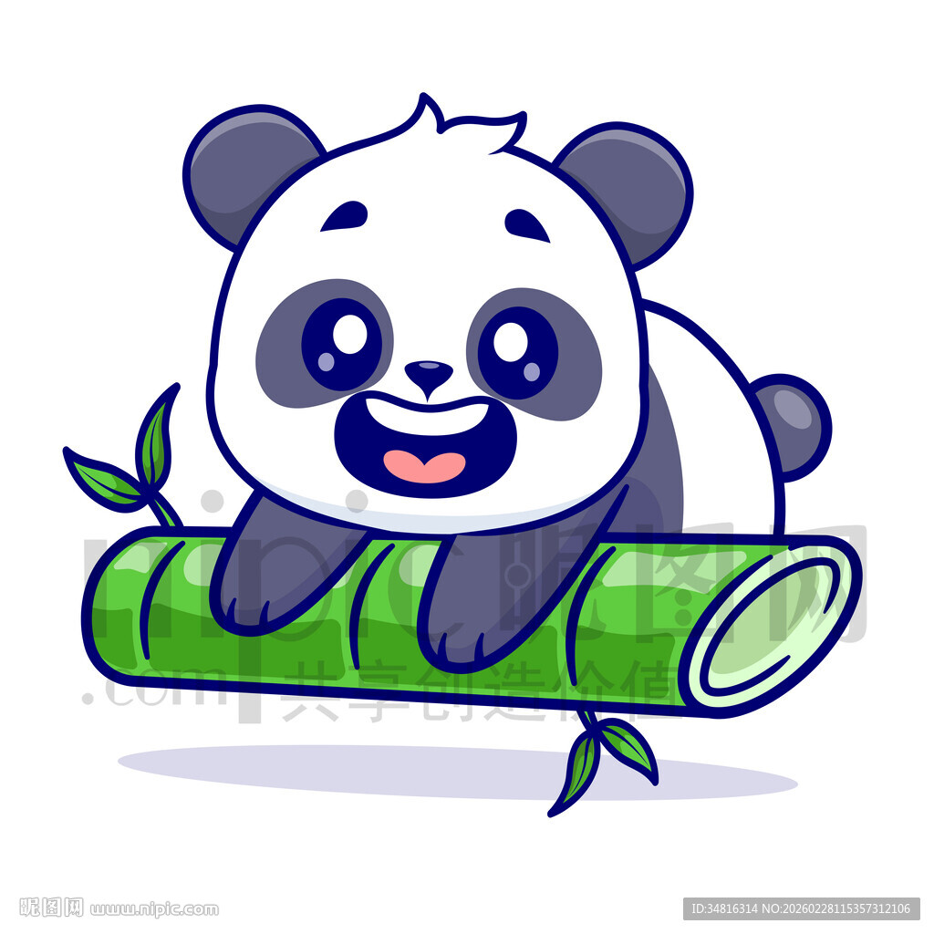 可爱卡通趴在竹子上的熊猫