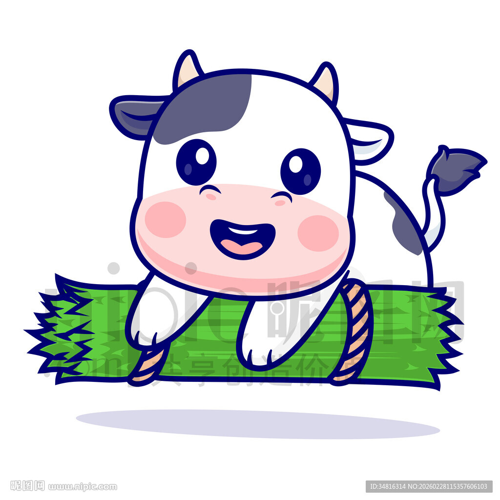可爱卡通趴在草上的奶牛