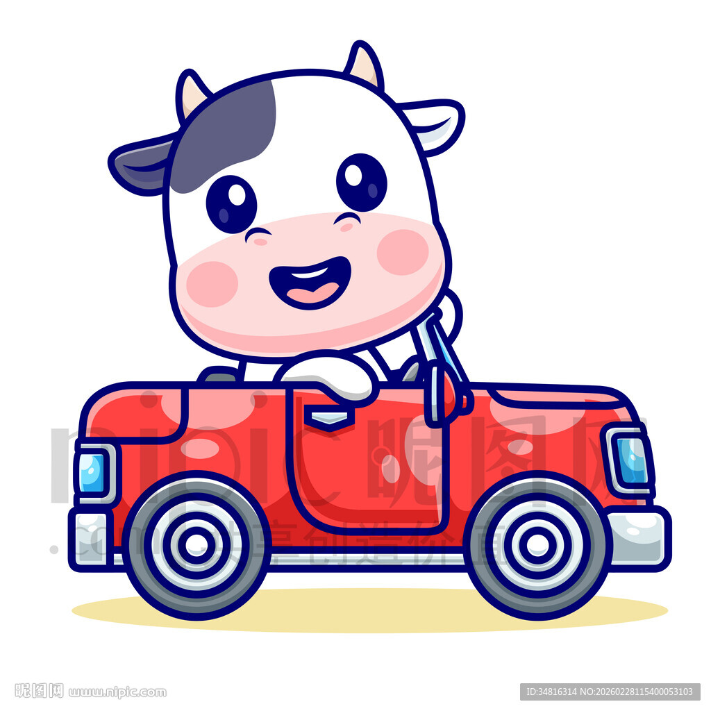 卡通小牛驾驶红色小车