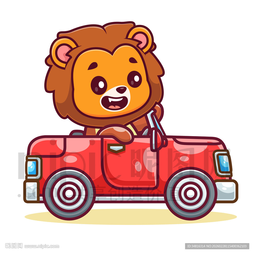 卡通狮子驾驶红色小汽车