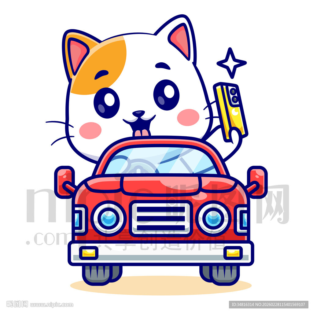 卡通猫咪驾驶红色汽车