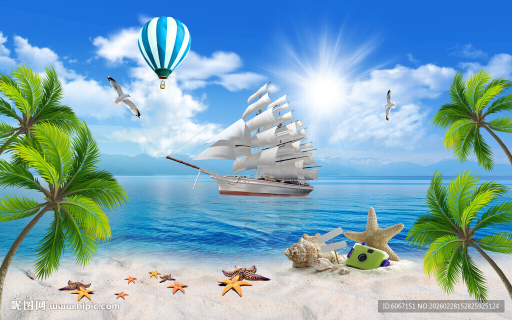 蓝天大海沙滩椰树背景墙