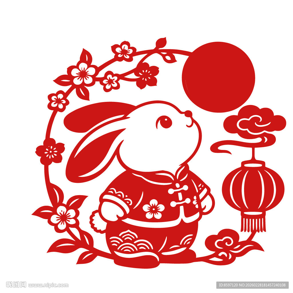 可爱胖嘟嘟兔子望月亮剪纸贴花