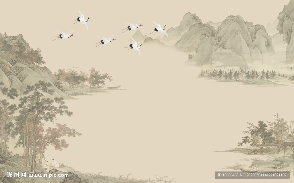 新中式山水仙鹤背景墙