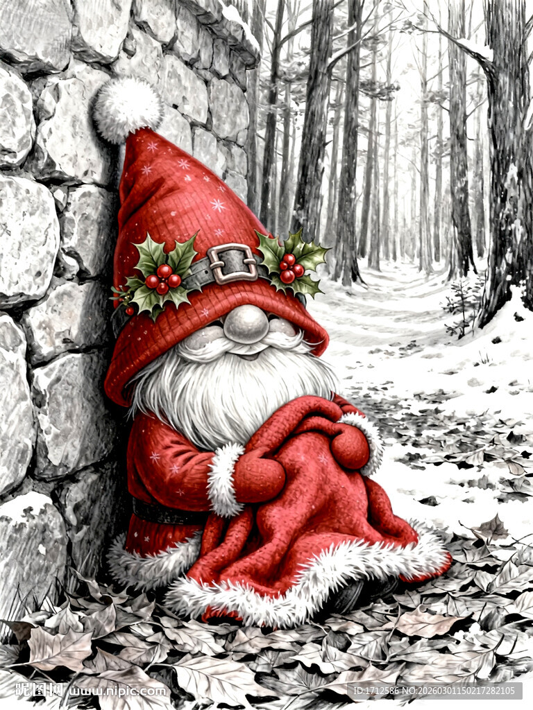 AI辅助生成圣诞小矮人倚石休憩