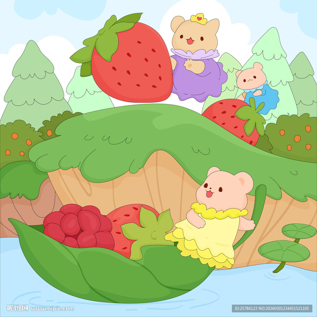 春天森林小熊精灵搬草莓可爱插画