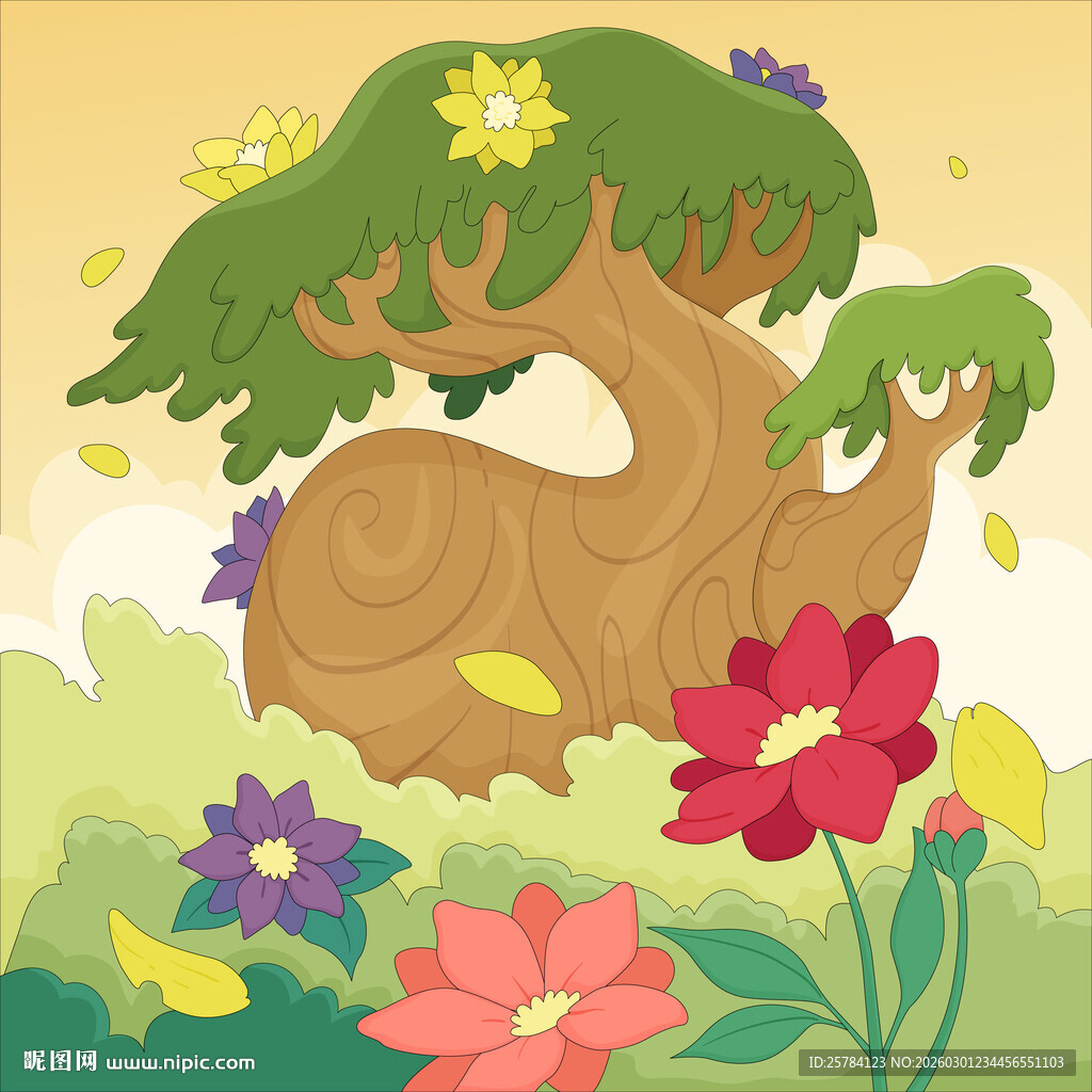 春天绿色大树下花丛花瓣飘落插画