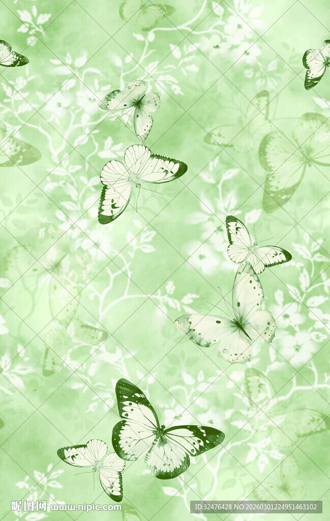 清新绿底蝴蝶梦幻图案