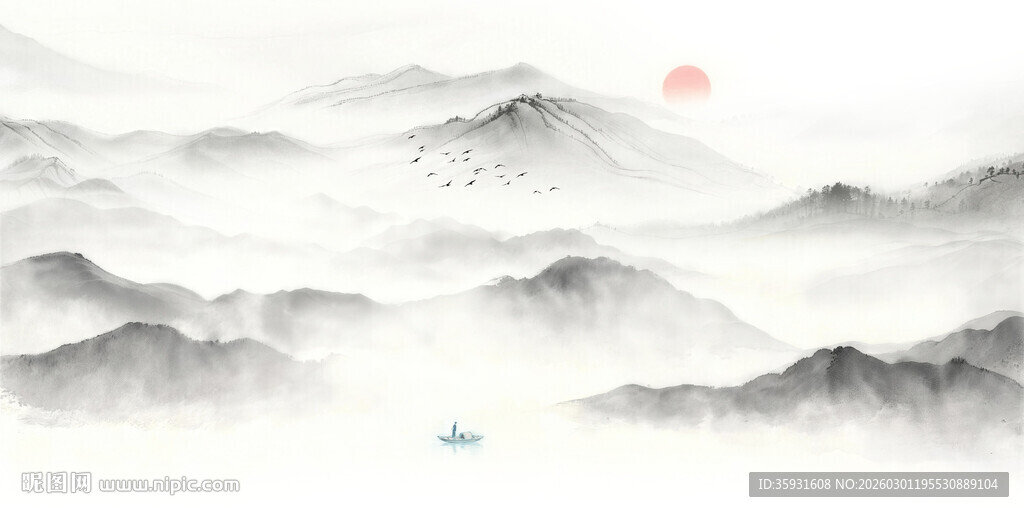 中式古风水墨山水意境图