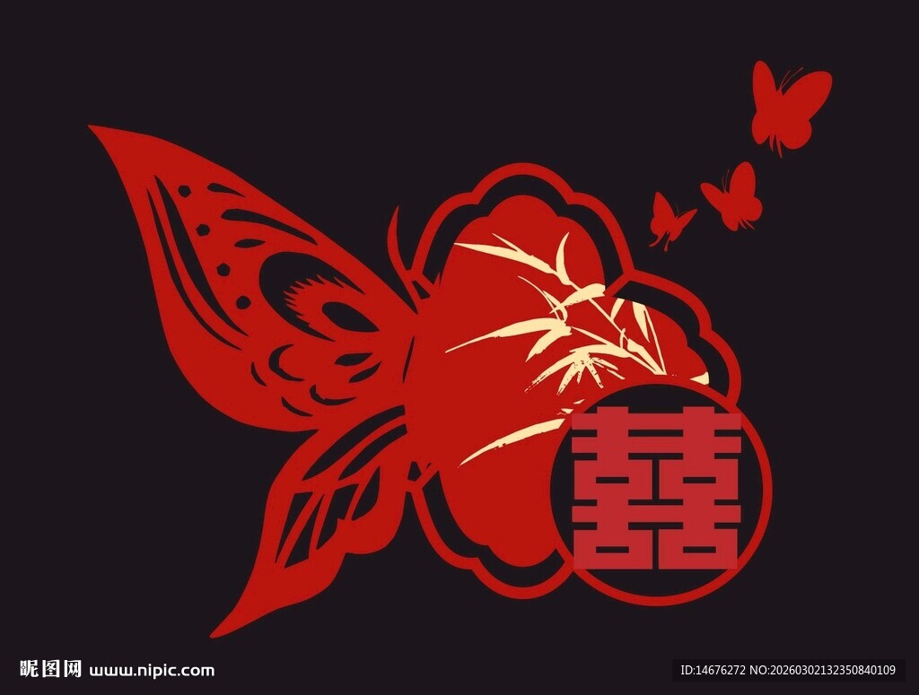 蝴蝶伴喜字结婚KT板