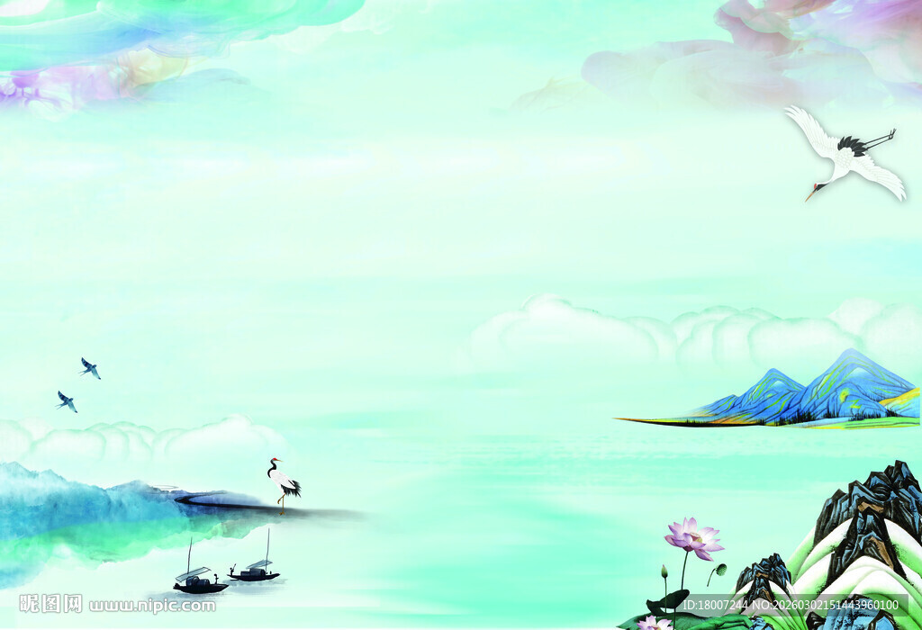 梦幻山水间飞鸟与繁花