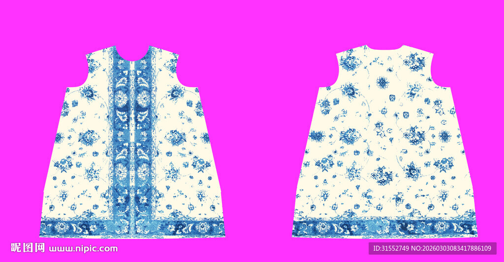 蓝白花纹女士连衣裙设计图