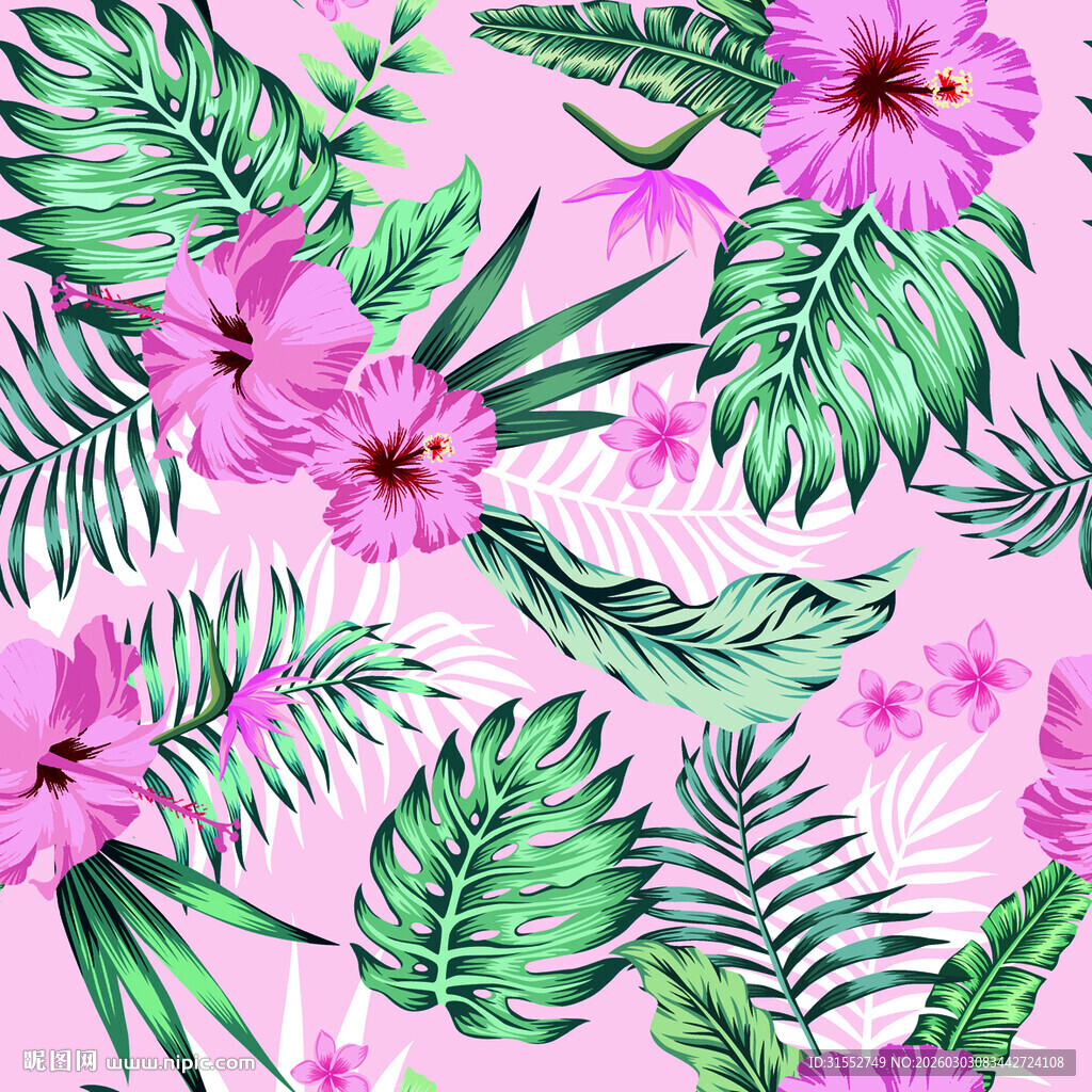 粉色背景的花卉绿叶图案