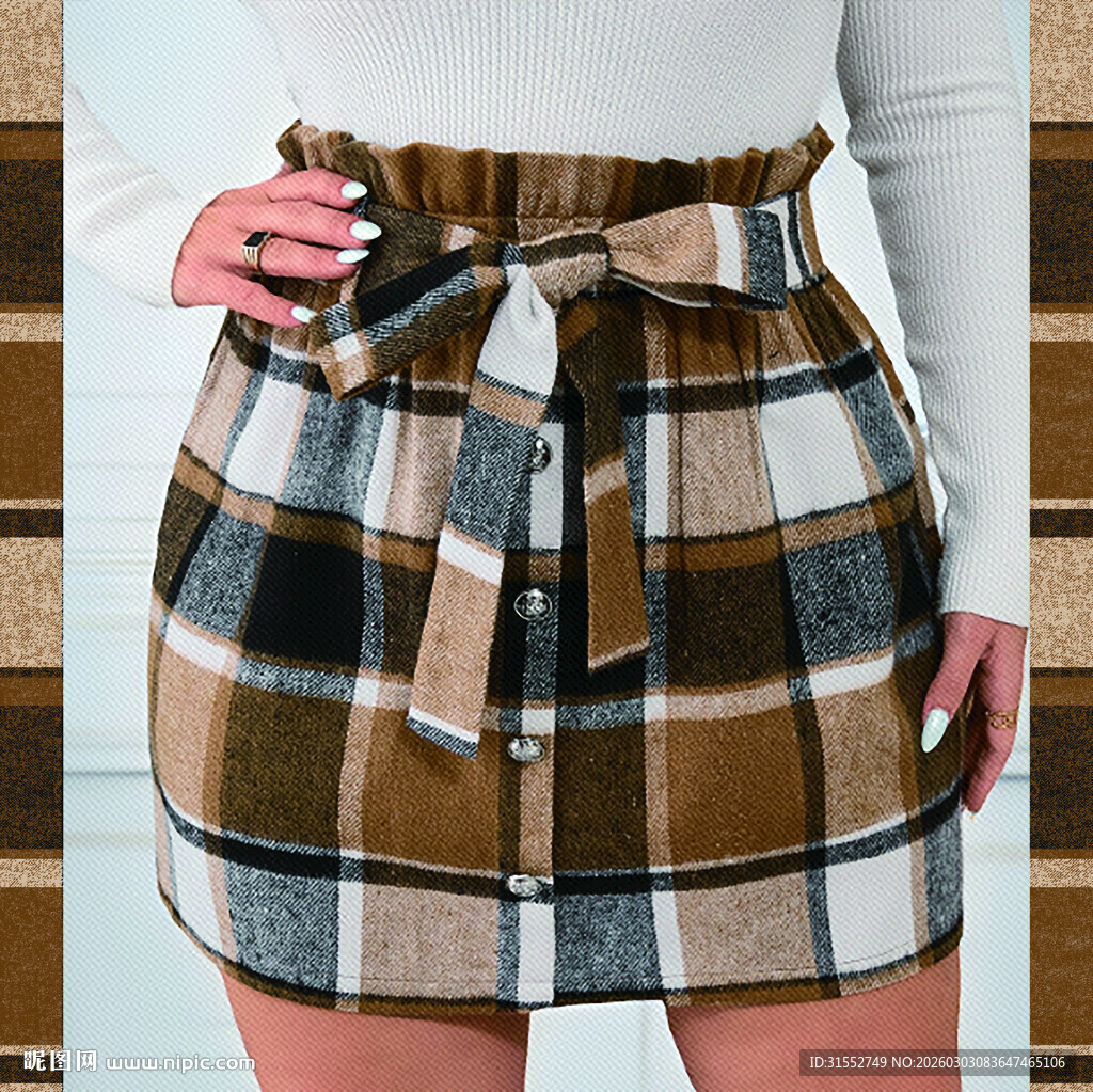 格子系带高腰半身裙