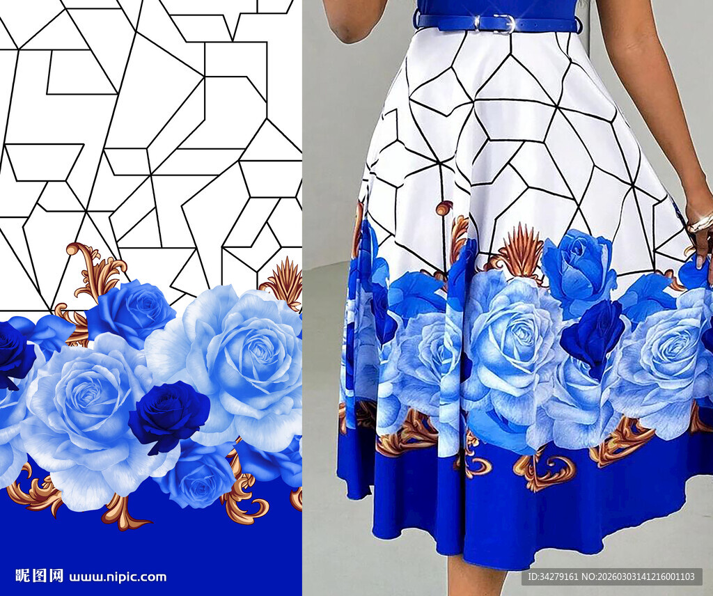 蓝白几何图案与花卉装饰