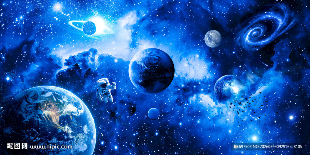 蓝色星空太空星球宇航员银河背景