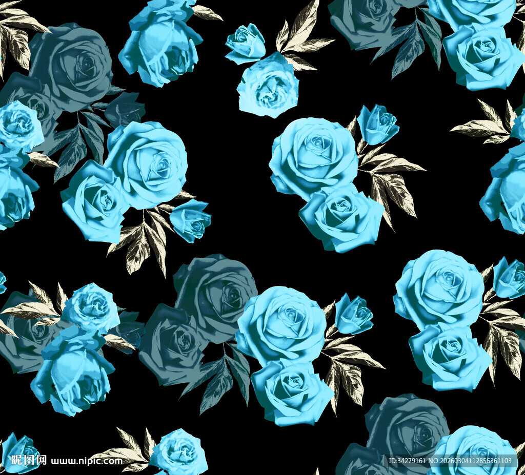 蓝色玫瑰花卉无缝图案