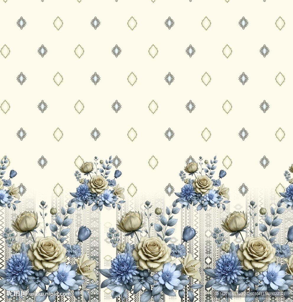 蓝白花卉图案墙纸