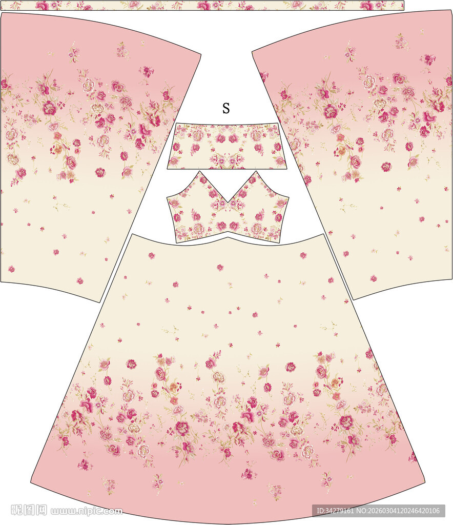 粉色花卉图案古风汉服套装