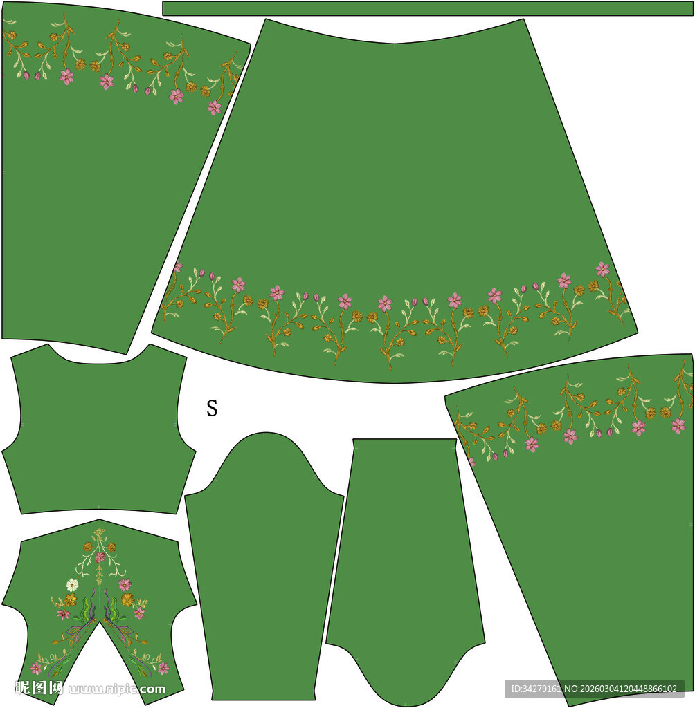 绿色刺绣服饰裁剪图案