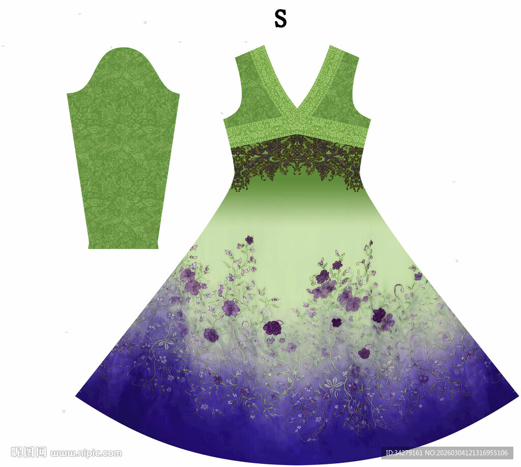 渐变花朵图案无袖连衣裙