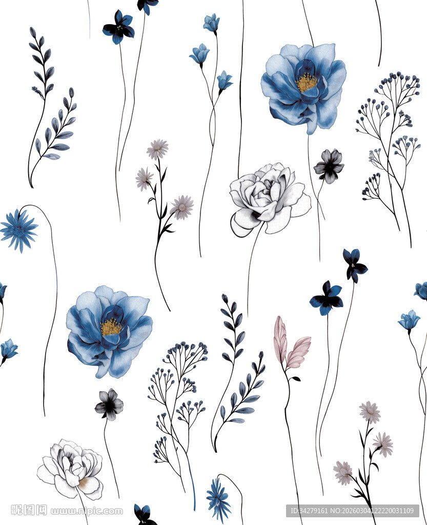 蓝白花卉图案设计素材
