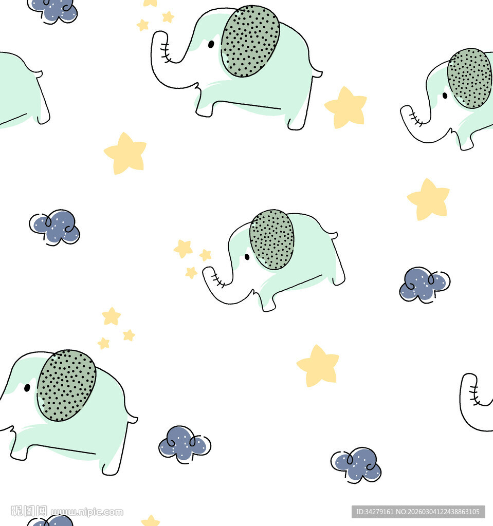可爱小象与星星云朵图案