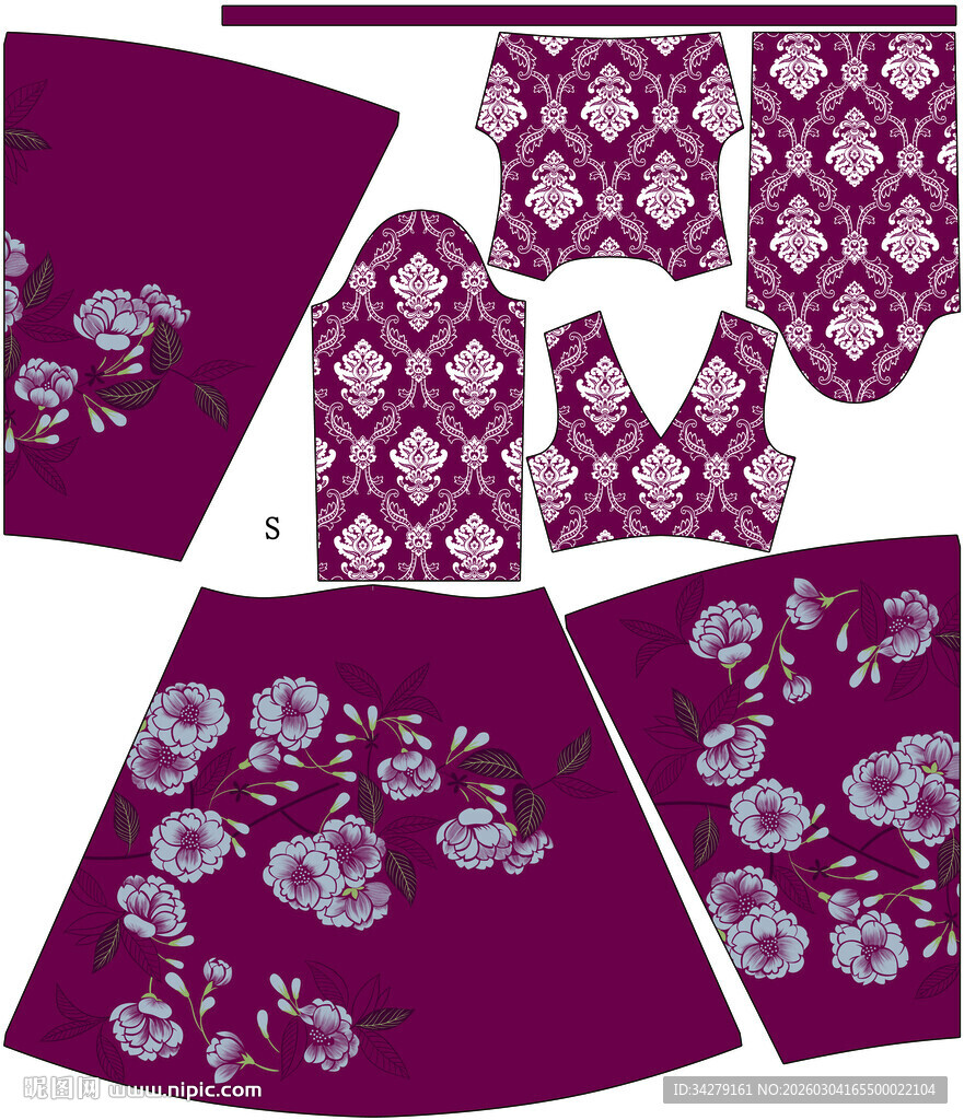 紫色花卉图案服饰设计稿