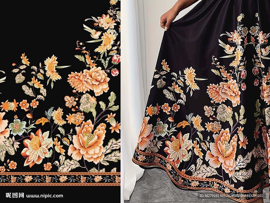 黑色花卉刺绣精美布料