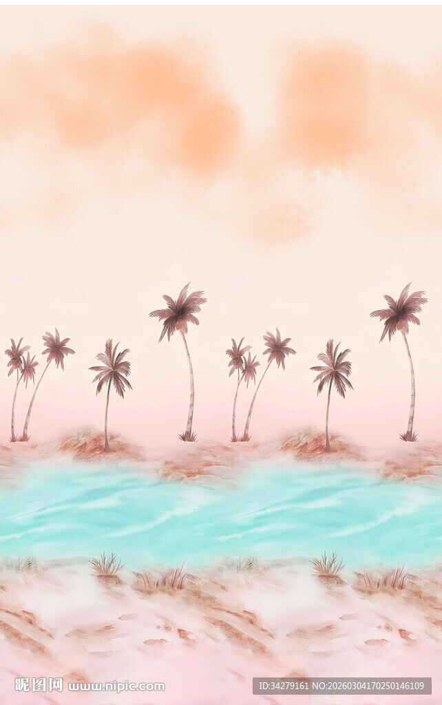 梦幻海滩上的棕榈树景观