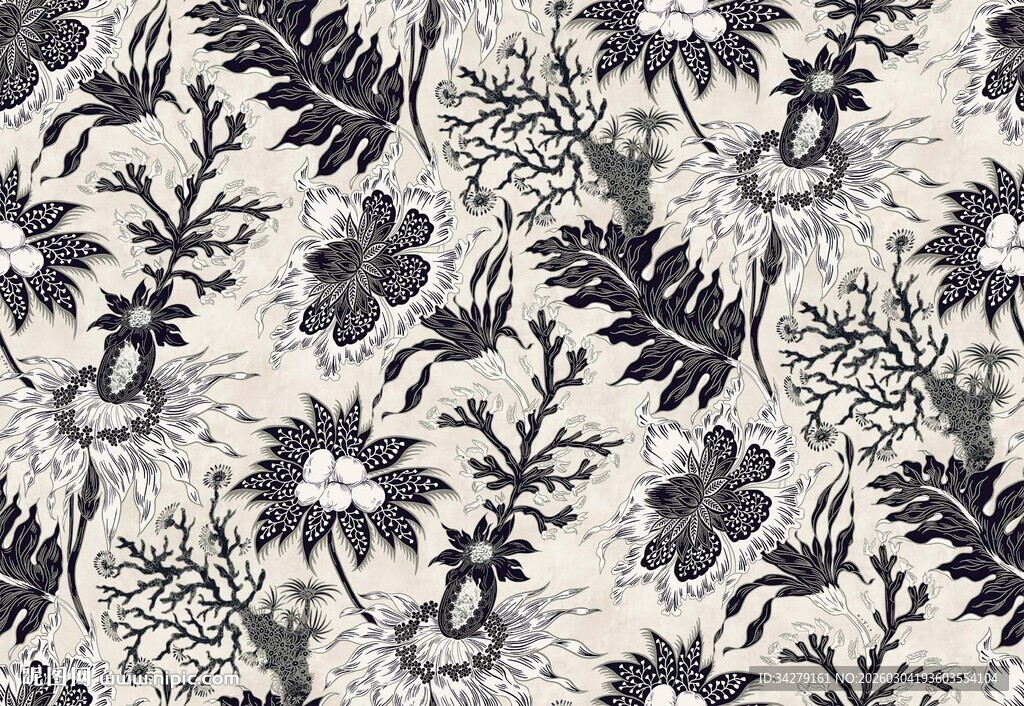 黑白花卉图案布料纹理