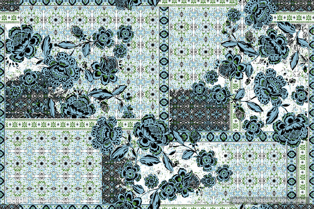 蓝白花卉拼接图案