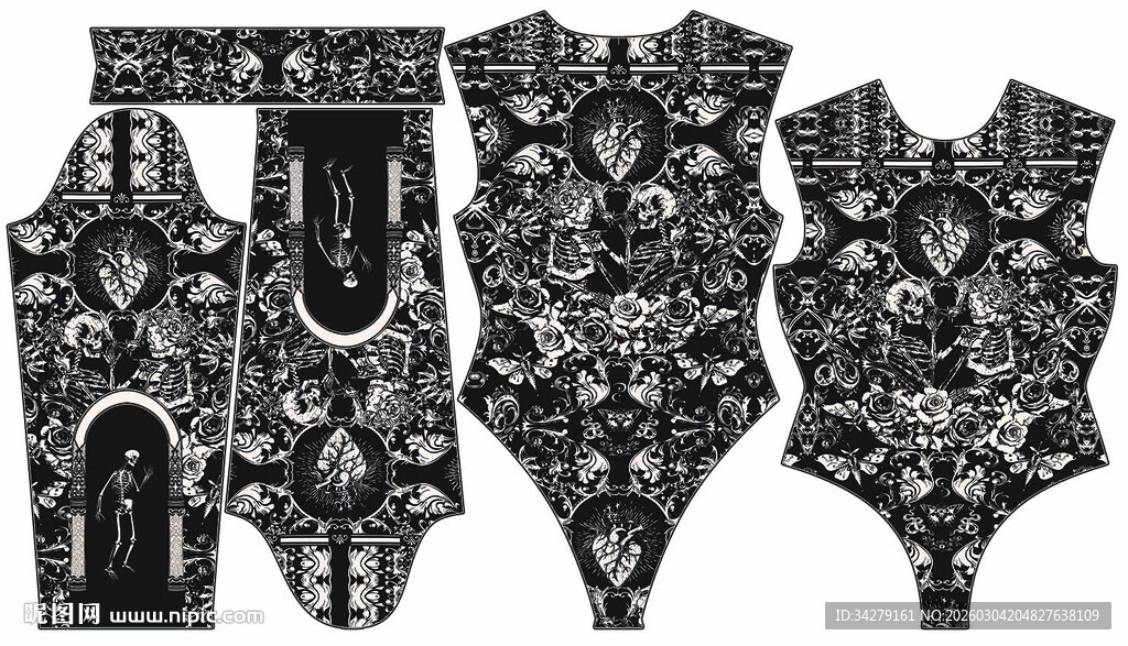 黑白花纹连体泳衣款式展示